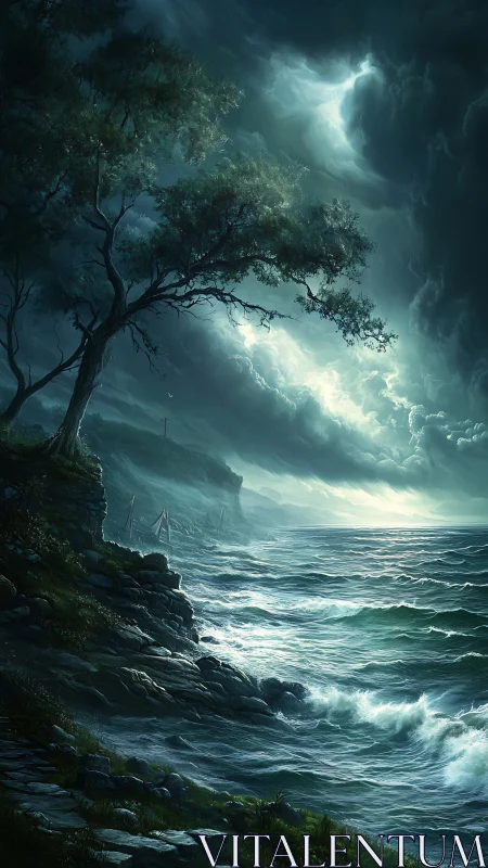 Moonlit storm rolling over rugged coastal shoreline at dusk.