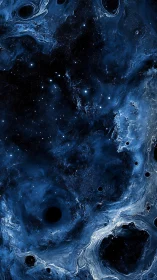 Cosmic nebula whirlpools in deep blue digital painting.