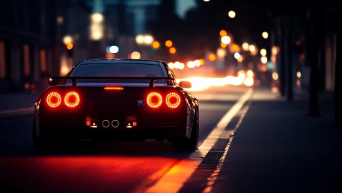 Midnight sports coupe with glowing taillights on city street.