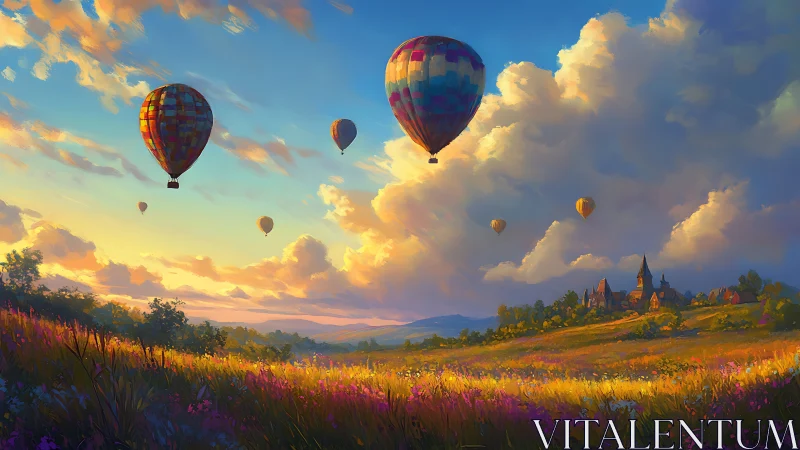 Hot air balloons drift over sunlit country meadow.