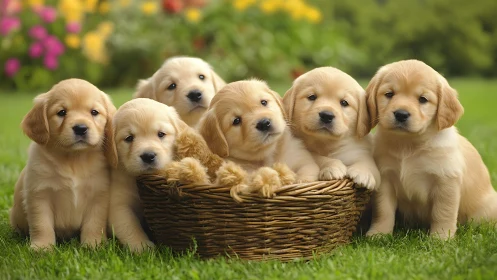 Golden retriever puppies sit in wicker basket on grass