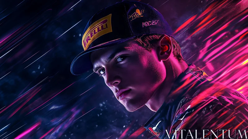 Neon-lit racing driver portrait with dynamic motion streaks