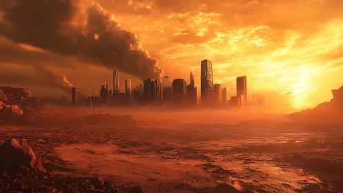 Distant modern city skyline stands over barren red terrain