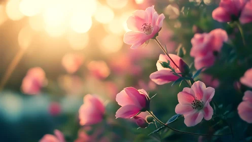 Pink flowers with bokeh background and warm sunlight.
