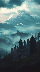 Cloaked travelers ascend a misted ridge toward distant citadel