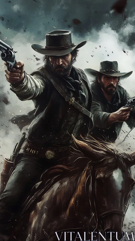 Dynamic digital painting of outlaw gunslingers on horseback.