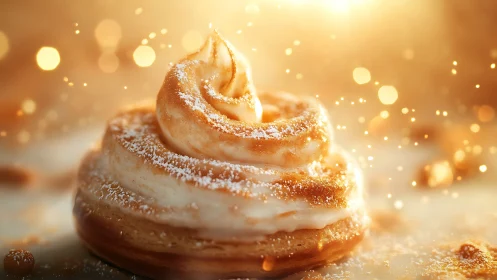 Frosted pastry dessert sits in warm golden bokeh light