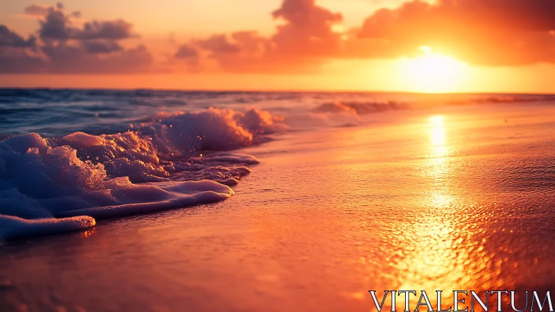 Sunlit shoreline captures foaming surf in warm chromatic haze