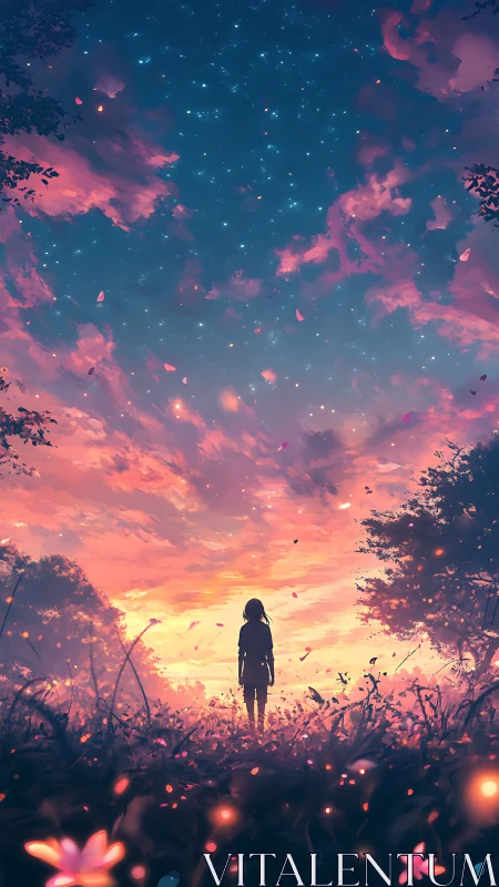 Silhouetted figure observes sunset sky filled with stars