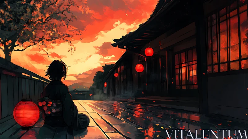 Lantern-lit dusk reverie beside rain-slicked wooden street.