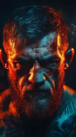 Bloodlit warrior portrait under intense neon rim light.