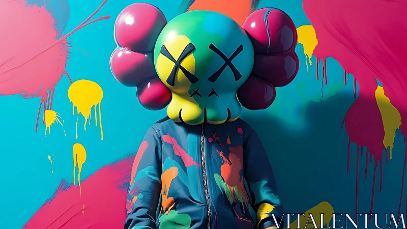 Cartoon figure in hooded jacket before neon paint wall.