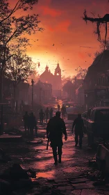 Silhouetted figures in ruined street at red sunset sky.