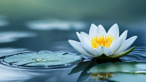 Photorealistic water lily macro on reflective still pond surface.