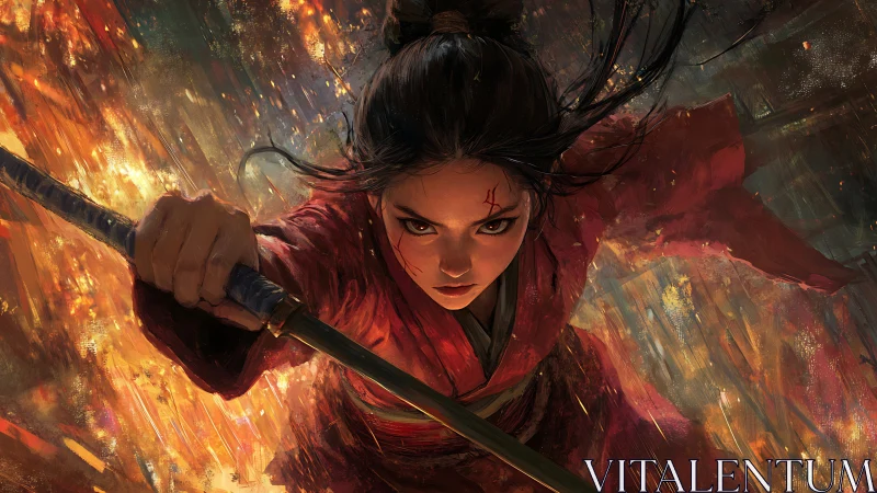 Fierce warrior in red cutting through a storm of burning light.