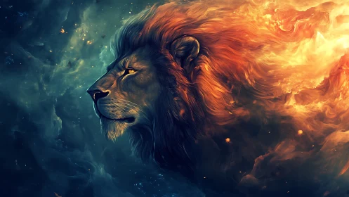 Majestic cosmic lion profile with flowing fiery mane.