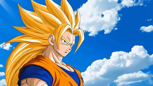 Skybound warrior crowned in blazing golden thunder hair.