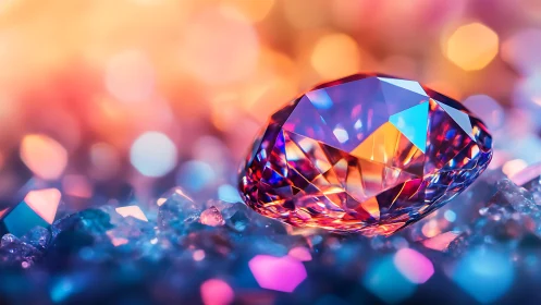 Prismatic gemstone on crystal bed under neon bokeh glow.