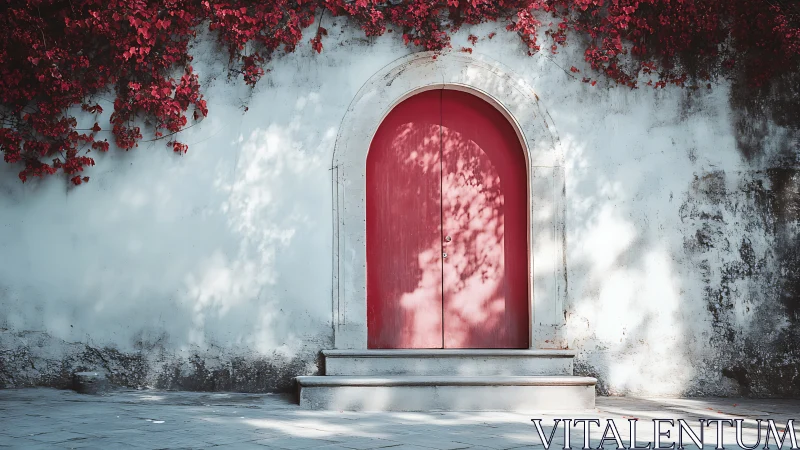 Red arched wooden door interrupts weathered white plaster wall