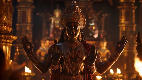 Divine bronze deity in temple firelit ceremonial glow.