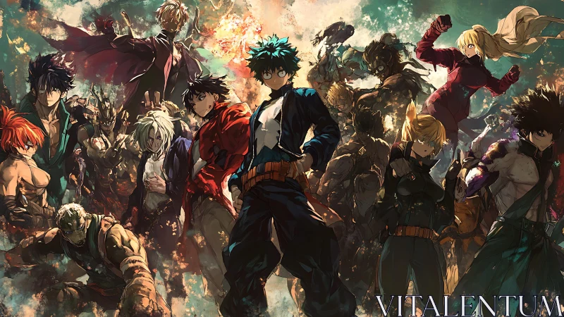 Heroic anime squad stands ready amid chaotic battle sky