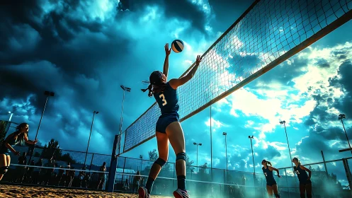 Sky-lit volleyball serve captures a bold game moment