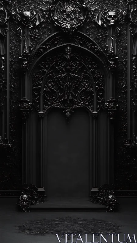 Gothic void doorway crowned with skulls and baroque shadows.