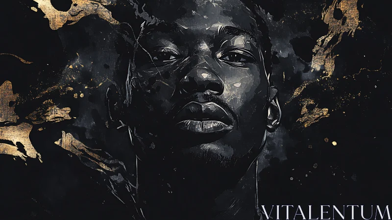 Stoic male portrait emerges from dark abstract gold field