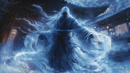 Spectral robed spirit emerging in icy blue courtyard.