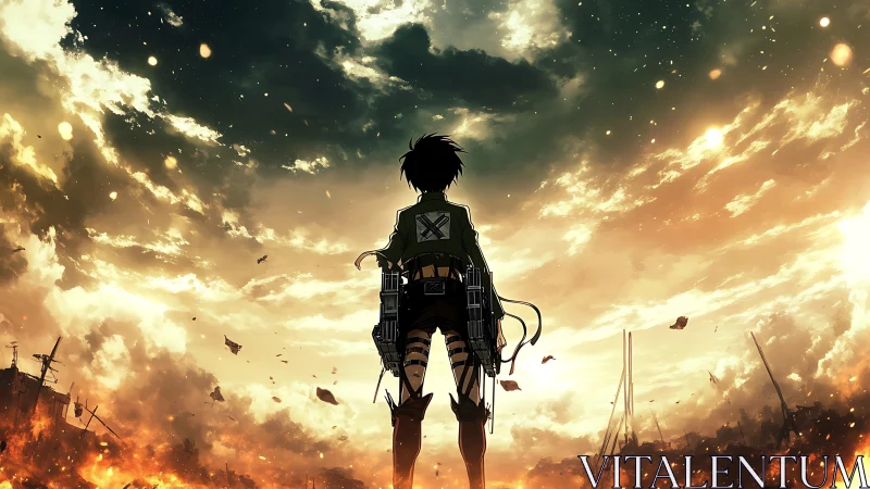 Lone anime hero stands firm beneath a blazing, stormy sky.