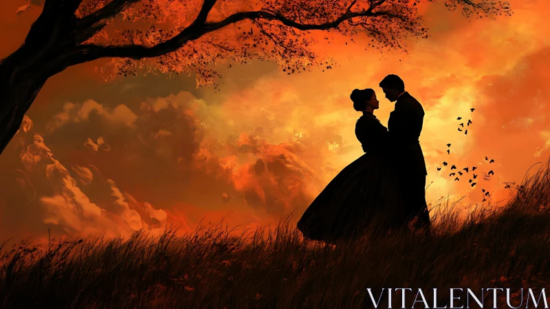 Silhouetted couple under fiery sunset sky.