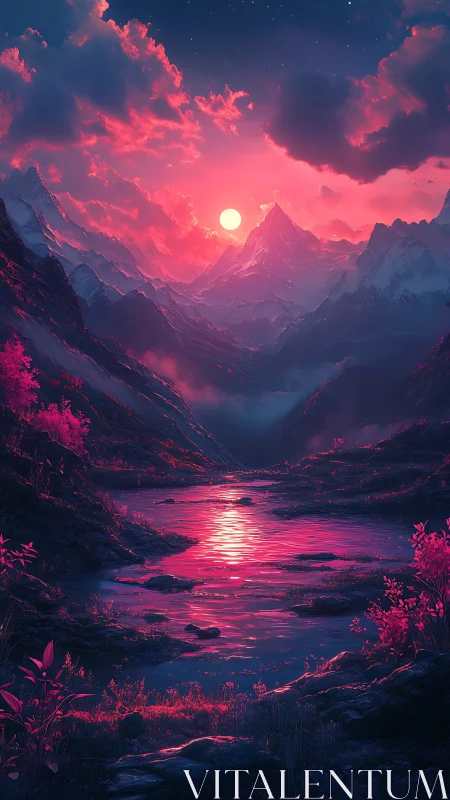 Neon sunset bathes a serene fantasy mountain valley in light