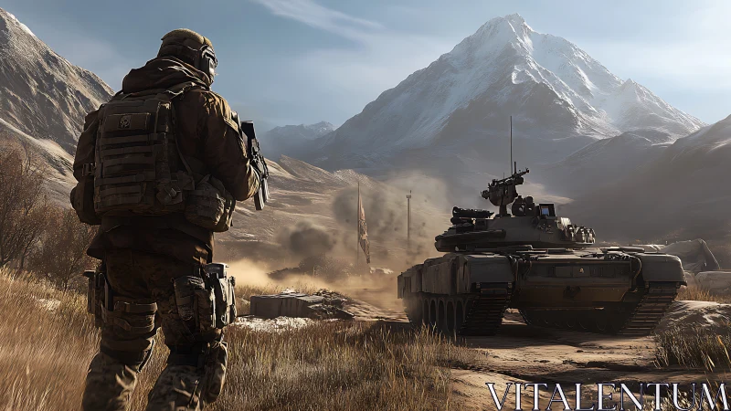 Soldier and armored tank advance through dry mountain valley