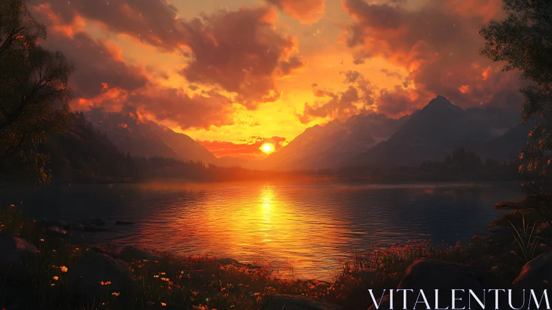 Radiant alpine sunset mirrored across tranquil lake waters.