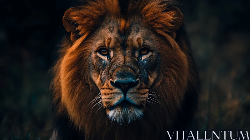 Lion head fills dark frame and stares directly forward