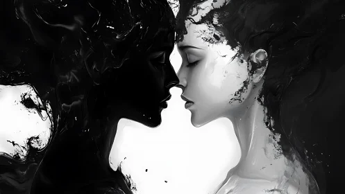 Monochrome Embrace: Liquid Shadow Profiles Kiss.