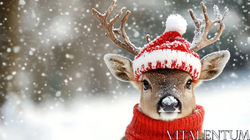 Festive reindeer portrait in snowfall with red knit accents.