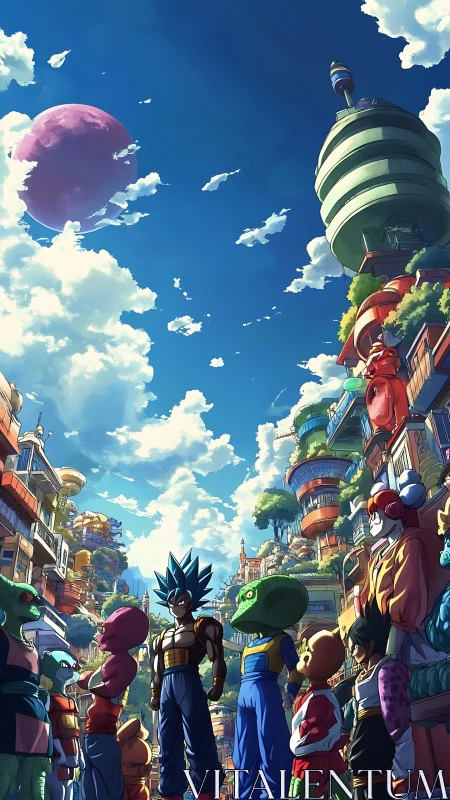 Vertically framed alien avenue with cel-shaded warriors assembled.