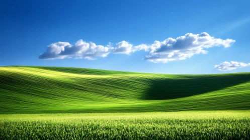 Gently contoured green fields extend beneath sparse clouds