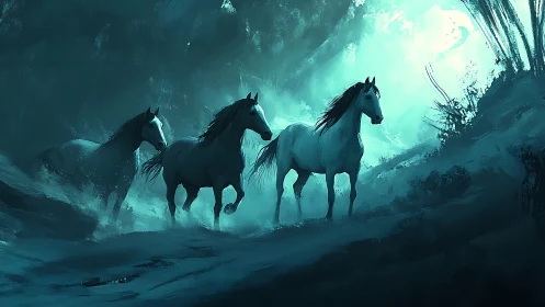 Moonlit wild horses wander through a misty teal forest