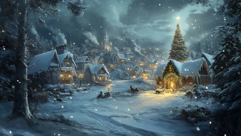 Snowy village square with lit Christmas tree at night.