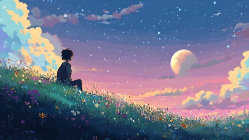 Anime nightscape with contemplative figure on floral hillside.