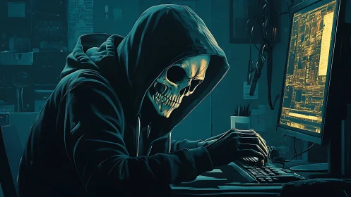 Hooded cyber skull hacker at glowing terminal at night.