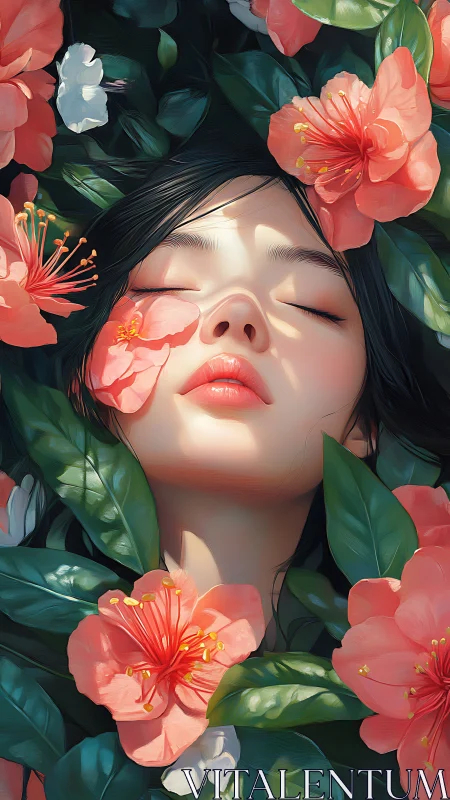 Female face surrounded by pink camellia flowers and leaves.