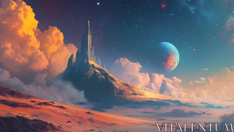 Alien desert spire under clouds and distant blue planet.