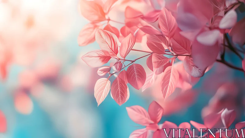 Coral pink leaves glow against soft teal bokeh background.