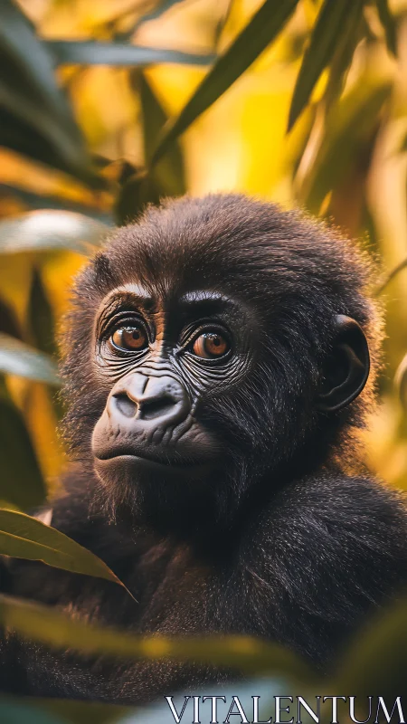 Young gorilla portrait in dense foliage with warm backlight.