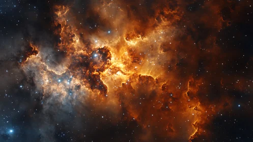 Fiery stellar nebula unfolding across dense starfield.