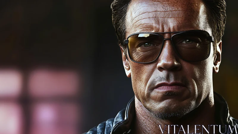 Cool leather clad man gazes ahead with bold confidence