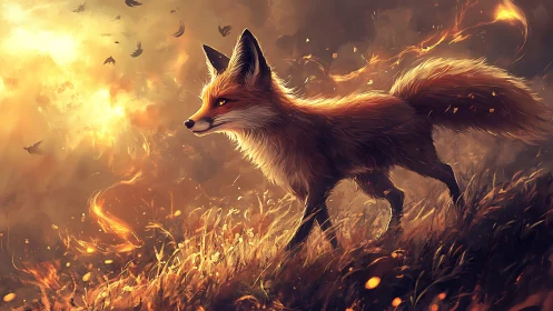Fox of embered dusk threads firelit paths through wild grass